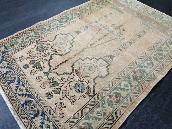 Beige Turkish Runner Rug 3' 4" x 4' 11" Hand-Knotted field