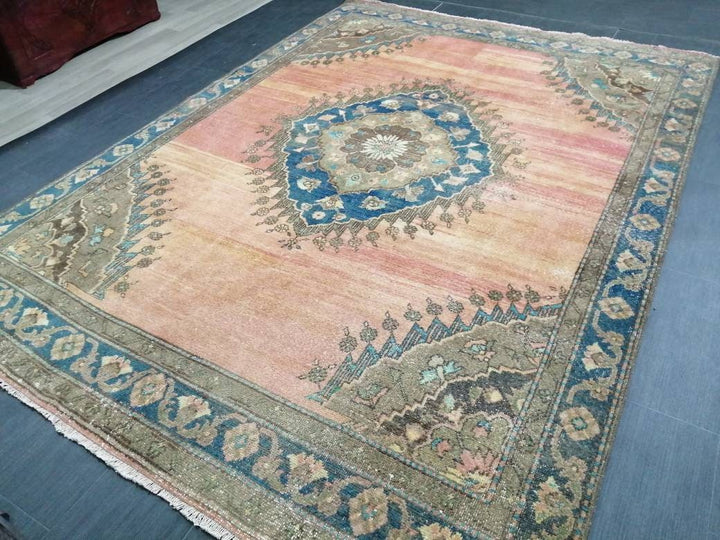 Beige Turkish Runner Rug 6' 6" x 8' 11" Hand-Knotted close-up