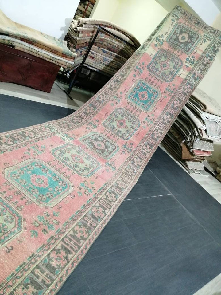 Beige Turkish Runner Rug 4' 5" x 19' 3" Hand-Knotted reverse