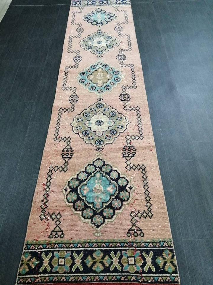 Beige Turkish Runner Rug 2' 7" x 10' 11" Hand-Knotted field