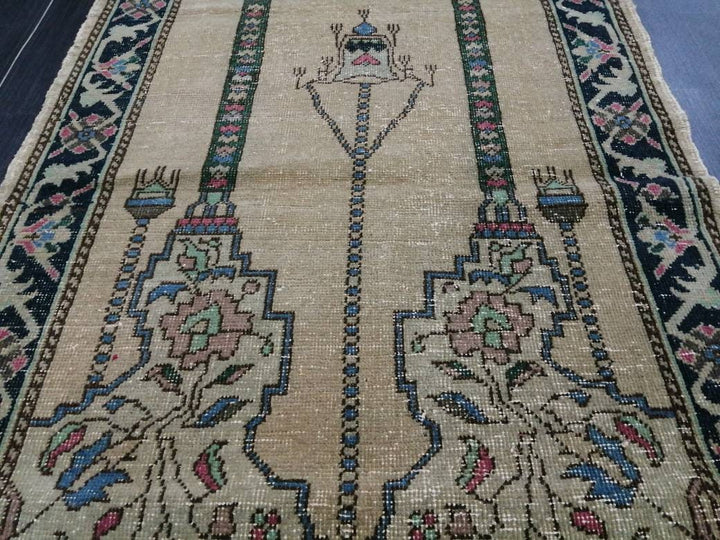 Beige Turkish Runner Rug 3' x 5' 4" Hand-Knotted close-up