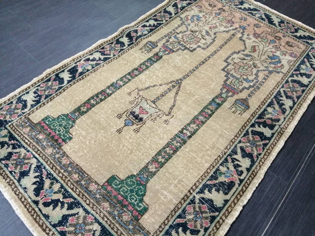 Beige Turkish Runner Rug 3' x 5' 4" Hand-Knotted