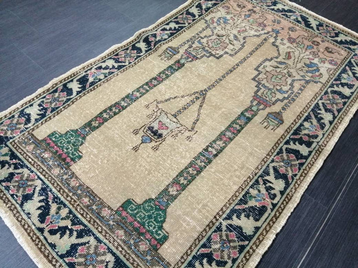 Beige Turkish Runner Rug 3' x 5' 4" Hand-Knotted