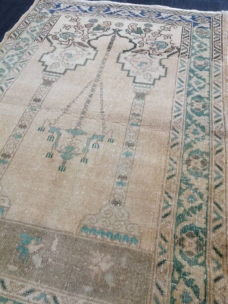 Beige Turkish Runner Rug 3' 4" x 4' 11" Hand-Knotted border