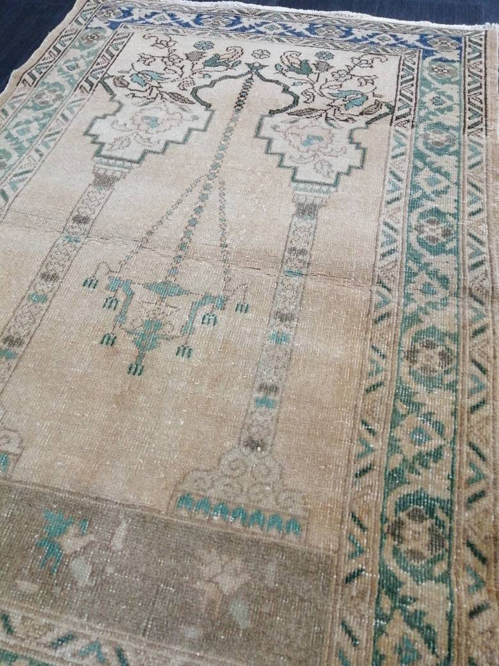 Beige Turkish Runner Rug 3' 4" x 4' 11" Hand-Knotted border
