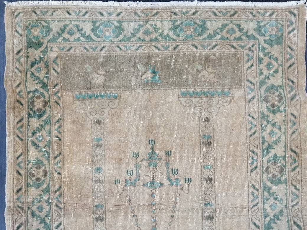 Beige Turkish Runner Rug 3' 4" x 4' 11" Hand-Knotted reverse