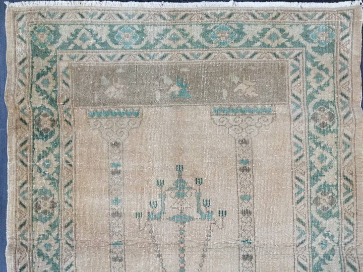 Beige Turkish Runner Rug 3' 4" x 4' 11" Hand-Knotted reverse