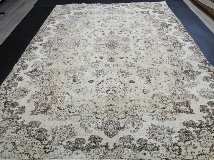 Beige Turkish Runner Rug 7' 1" x 9' 6" Hand-Knotted
