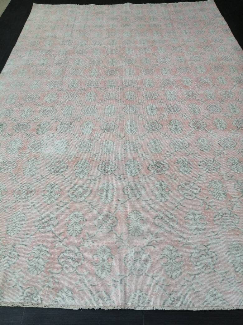 Pink Turkish Runner Rug 7' 1" x 10' 7" Hand-Knotted close-up
