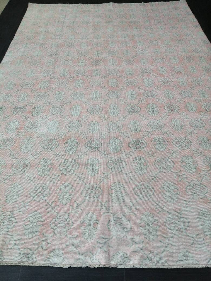 Pink Turkish Runner Rug 7' 1" x 10' 7" Hand-Knotted close-up