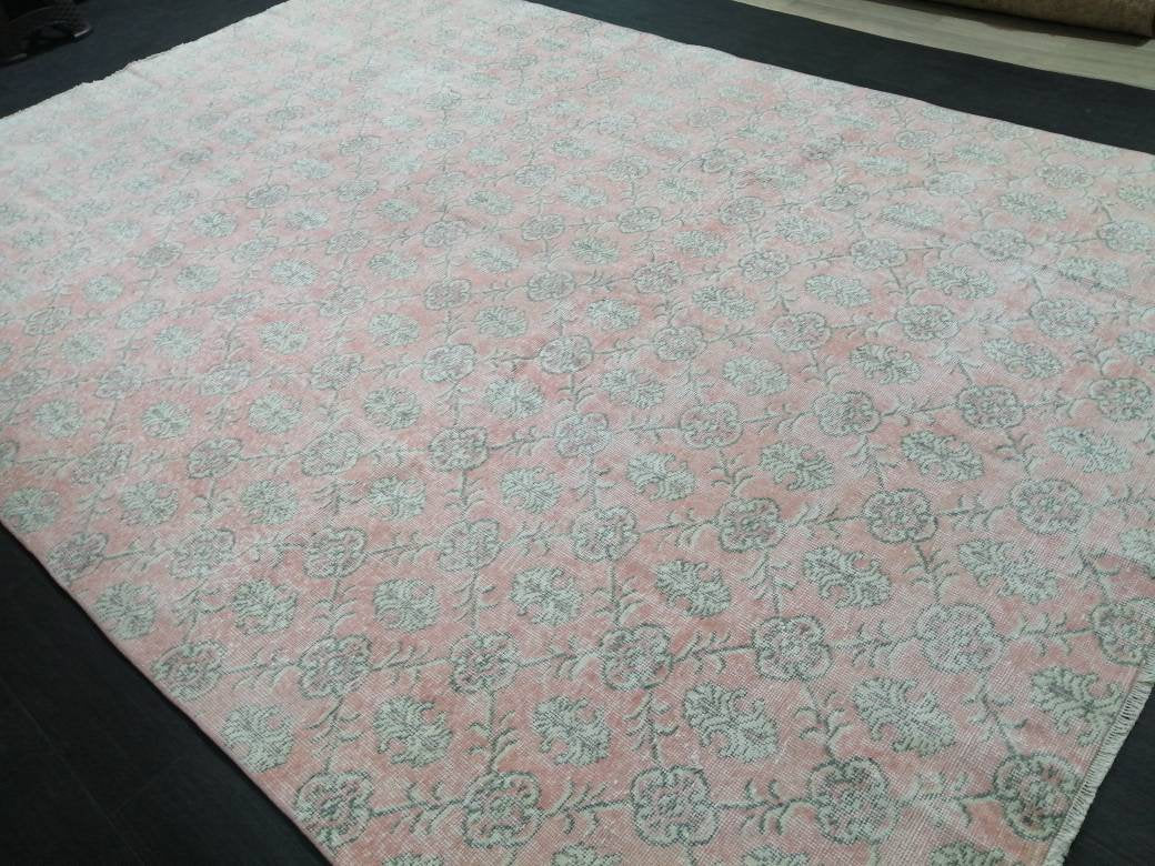 Pink Turkish Runner Rug 7' 1" x 10' 7" Hand-Knotted