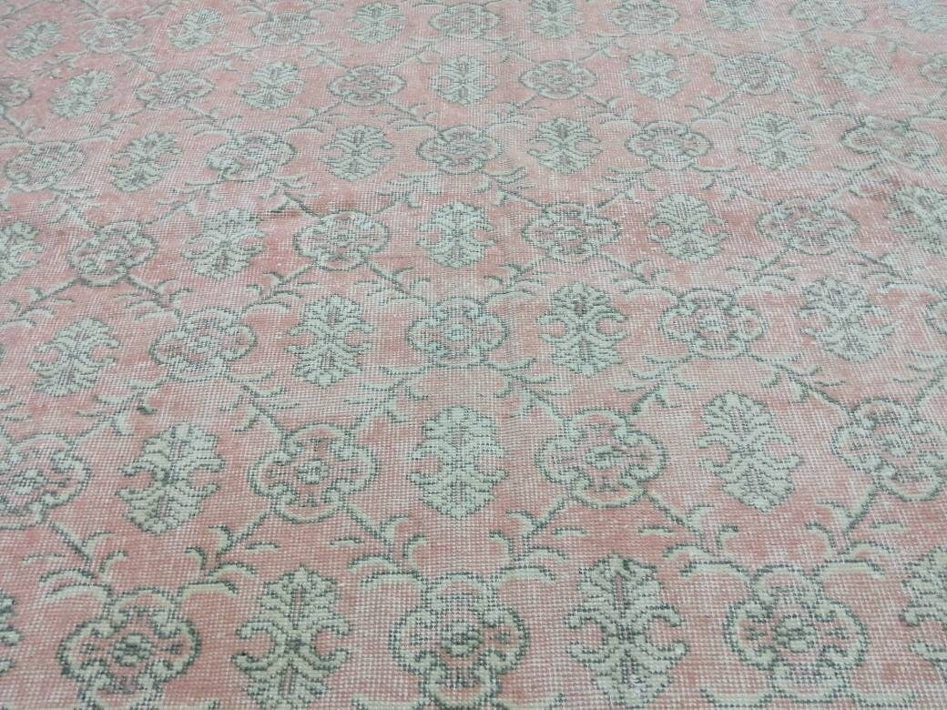 Pink Turkish Runner Rug 7' 1" x 10' 7" Hand-Knotted field