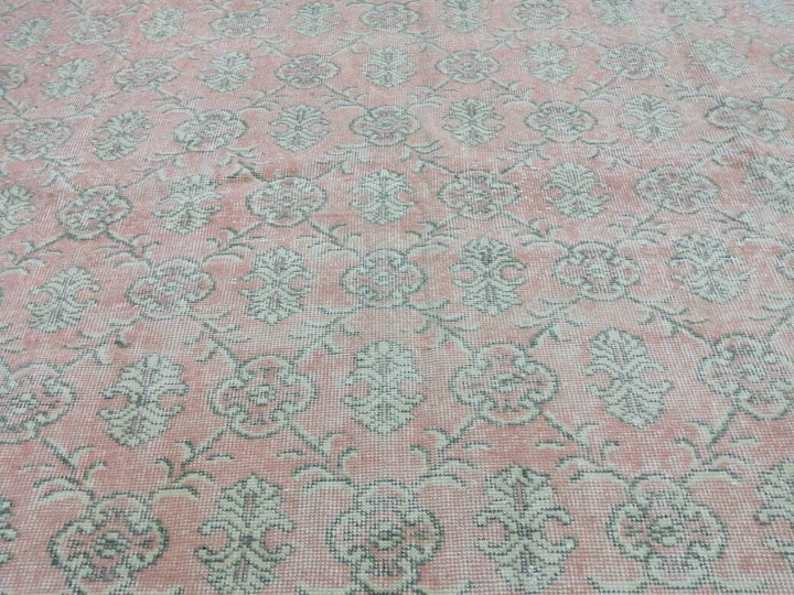 Pink Turkish Runner Rug 7' 1" x 10' 7" Hand-Knotted field