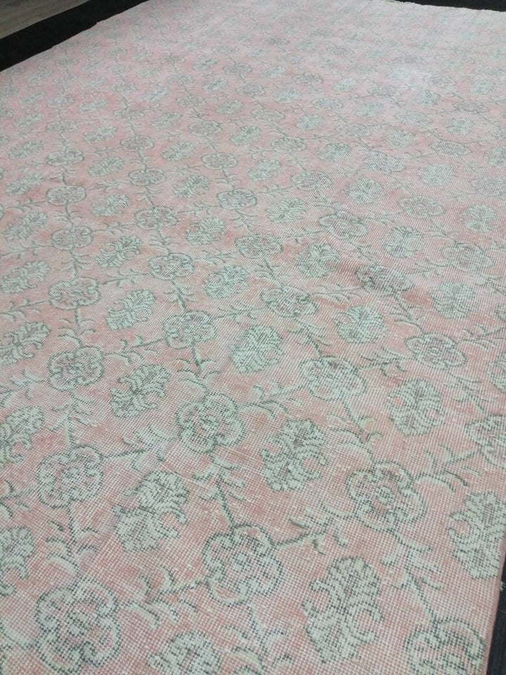 Pink Turkish Runner Rug 7' 1" x 10' 7" Hand-Knotted detail