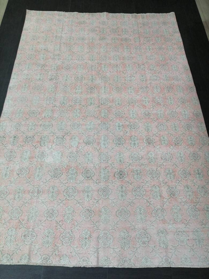 Pink Turkish Runner Rug 7' 1" x 10' 7" Hand-Knotted pattern
