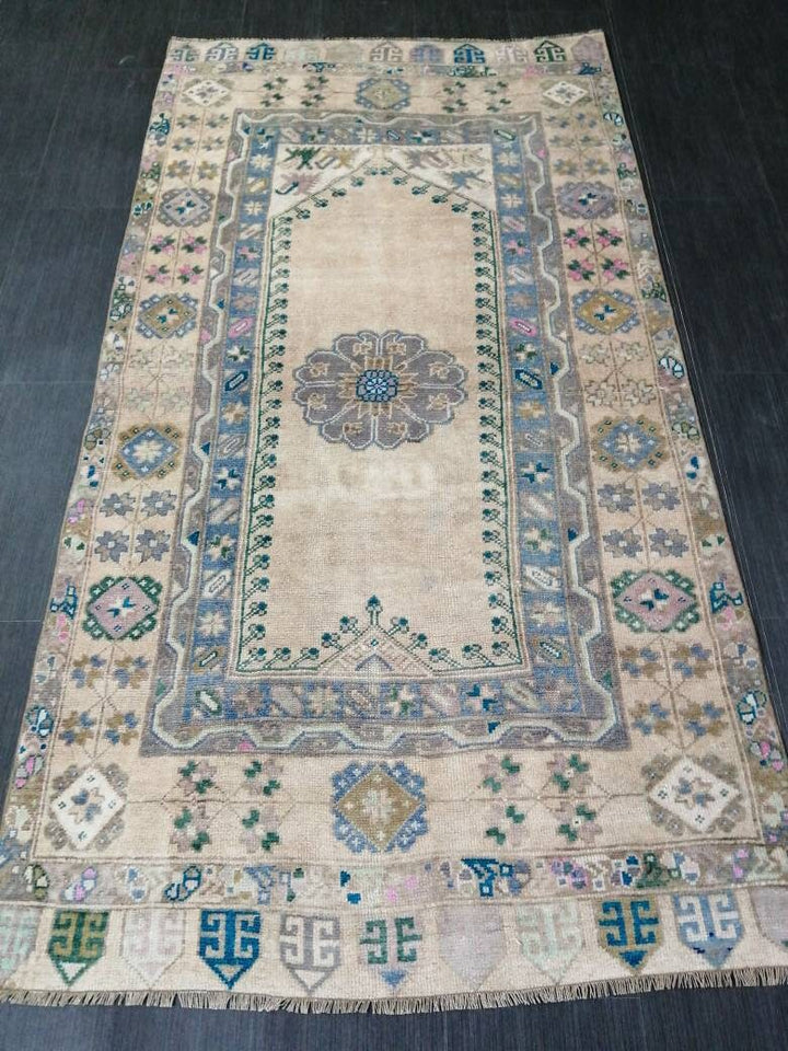 Beige Turkish Runner Rug 3' 8" x 7' 1" Hand-Knotted border