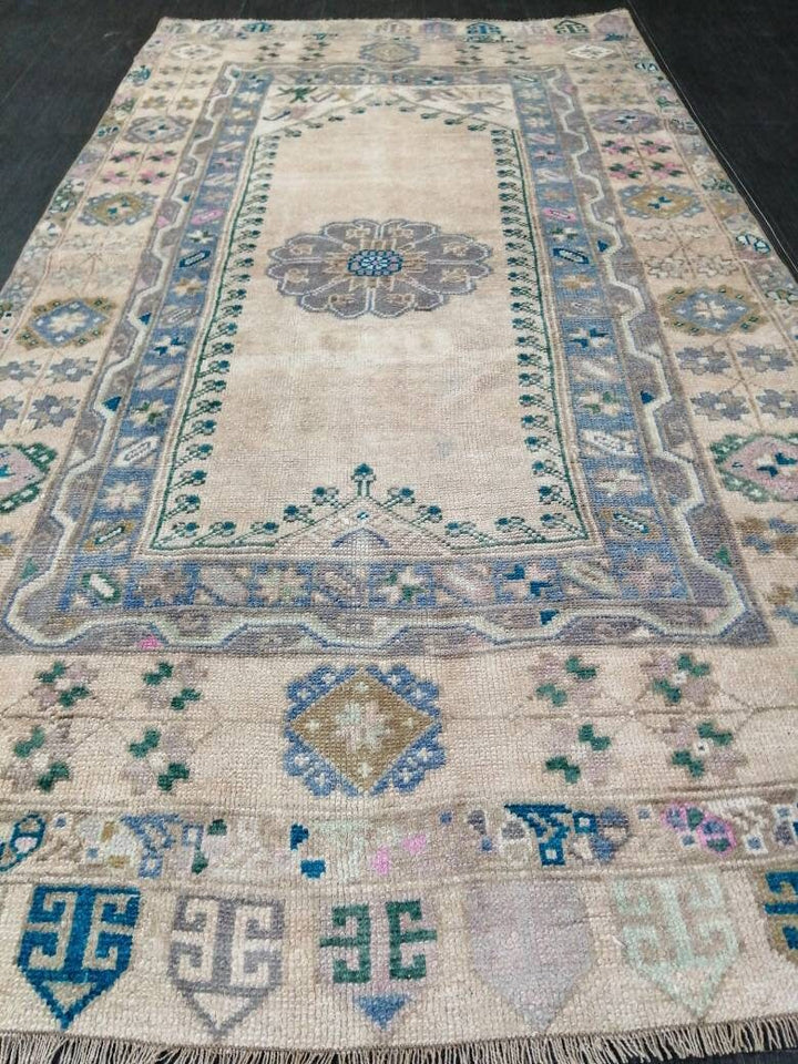 Beige Turkish Runner Rug 3' 8" x 7' 1" Hand-Knotted texture