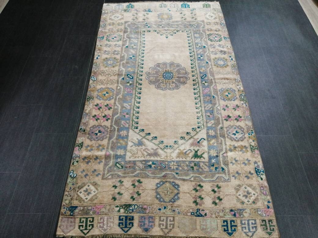 Beige Turkish Runner Rug 3' 8" x 7' 1" Hand-Knotted close-up