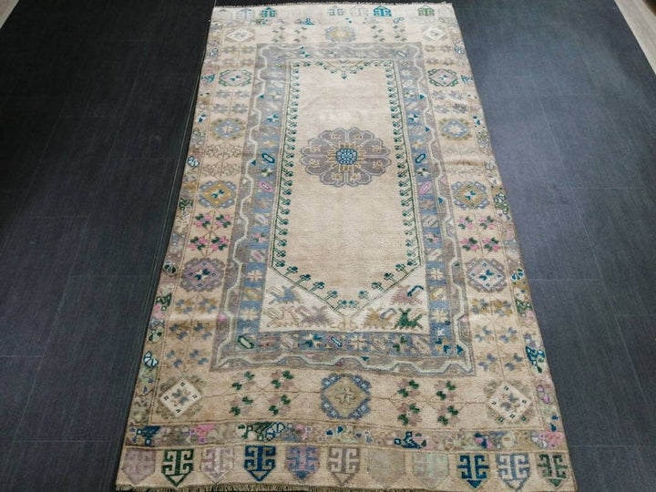 Beige Turkish Runner Rug 3' 8" x 7' 1" Hand-Knotted close-up
