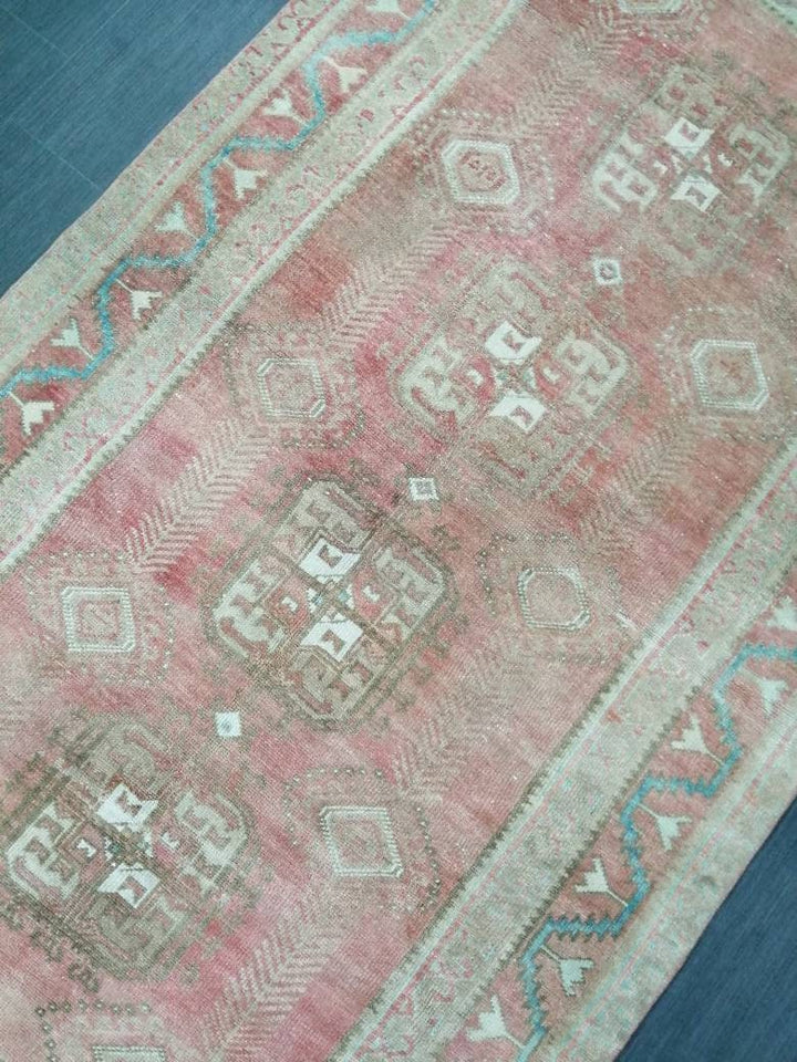 Beige Turkish Runner Rug 4' x 8' 2" Hand-Knotted pattern