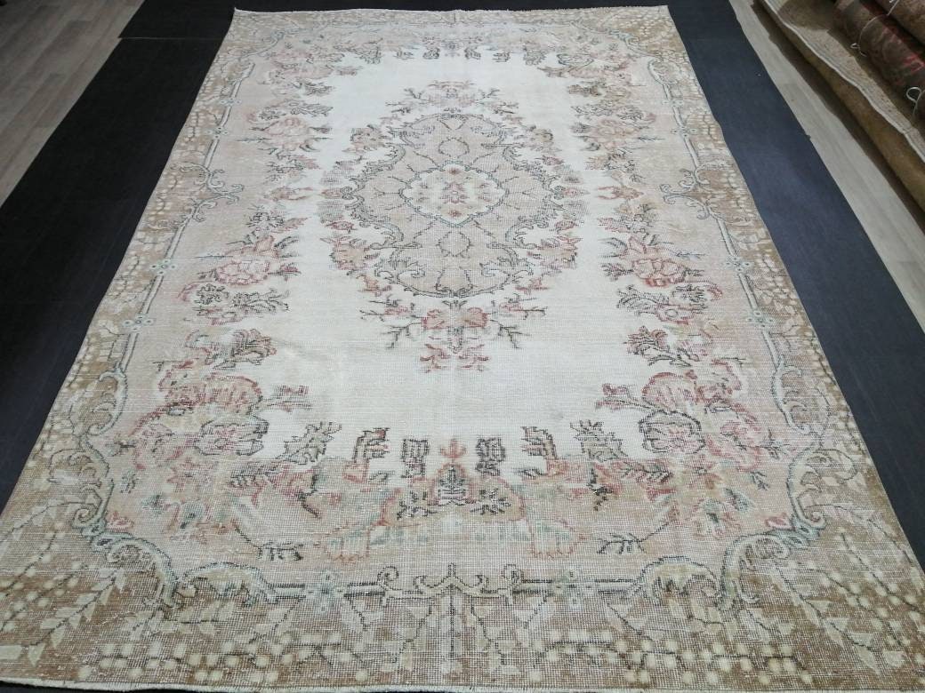Beige Turkish Oushak Rug 6' 8" x 10' 4" Hand-Knotted reverse