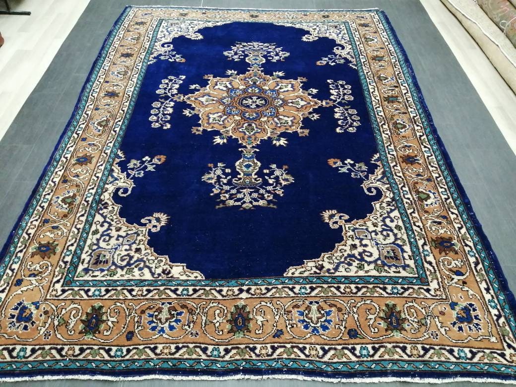 Blue Turkish Runner Rug 7' x 9' 9" Hand-Knotted | No. WR56643