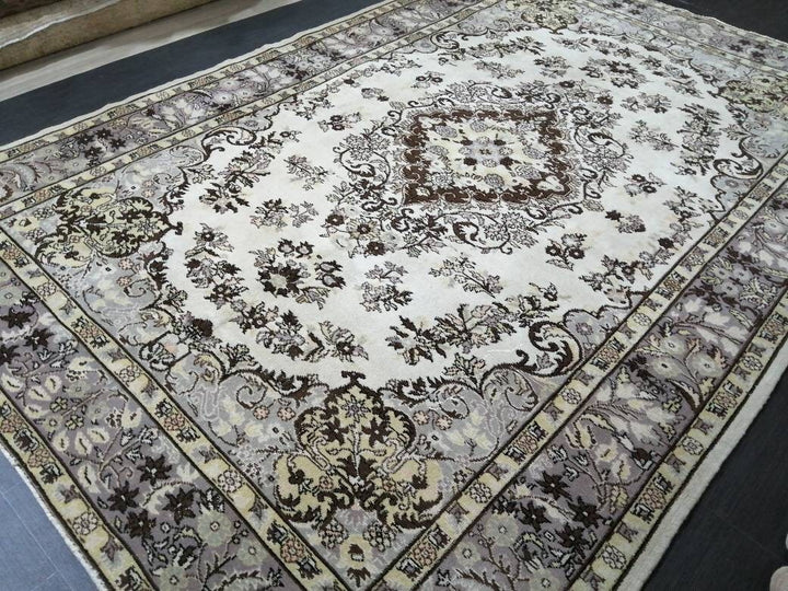 Beige Turkish Runner Rug 7' 2" x 10' 6" Hand-Knotted