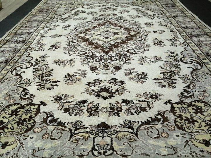 Beige Turkish Runner Rug 7' 2" x 10' 6" Hand-Knotted reverse