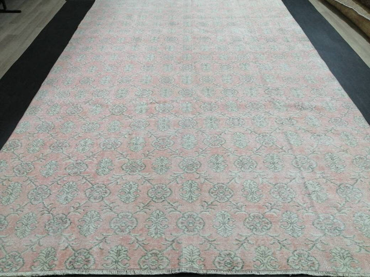 Pink Turkish Runner Rug 7' 1" x 10' 7" Hand-Knotted texture
