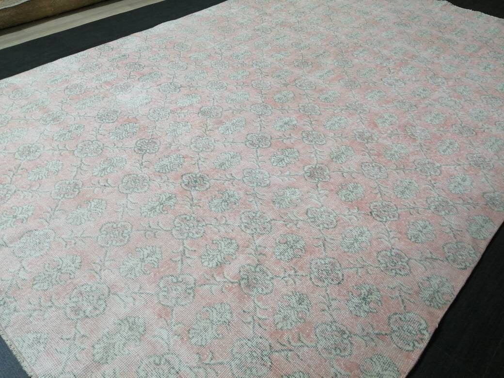 Pink Turkish Runner Rug 7' 1" x 10' 7" Hand-Knotted reverse