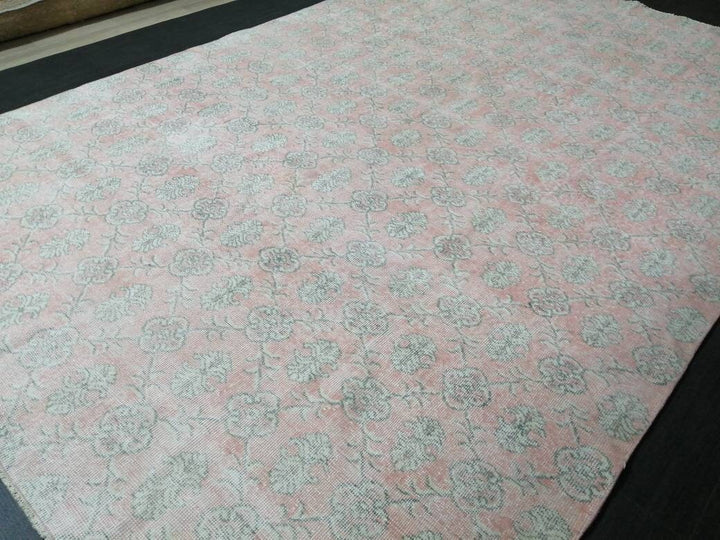 Pink Turkish Runner Rug 7' 1" x 10' 7" Hand-Knotted reverse