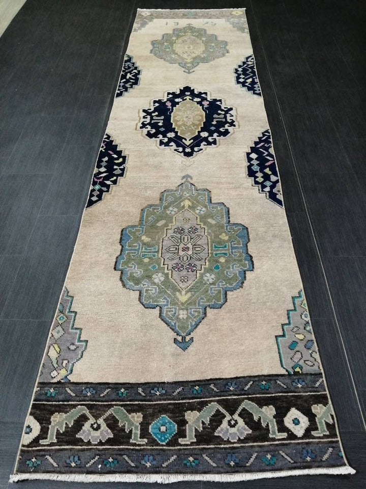 Navy Turkish Runner Rug 2' 9" x 10' 8" Hand-Knotted field