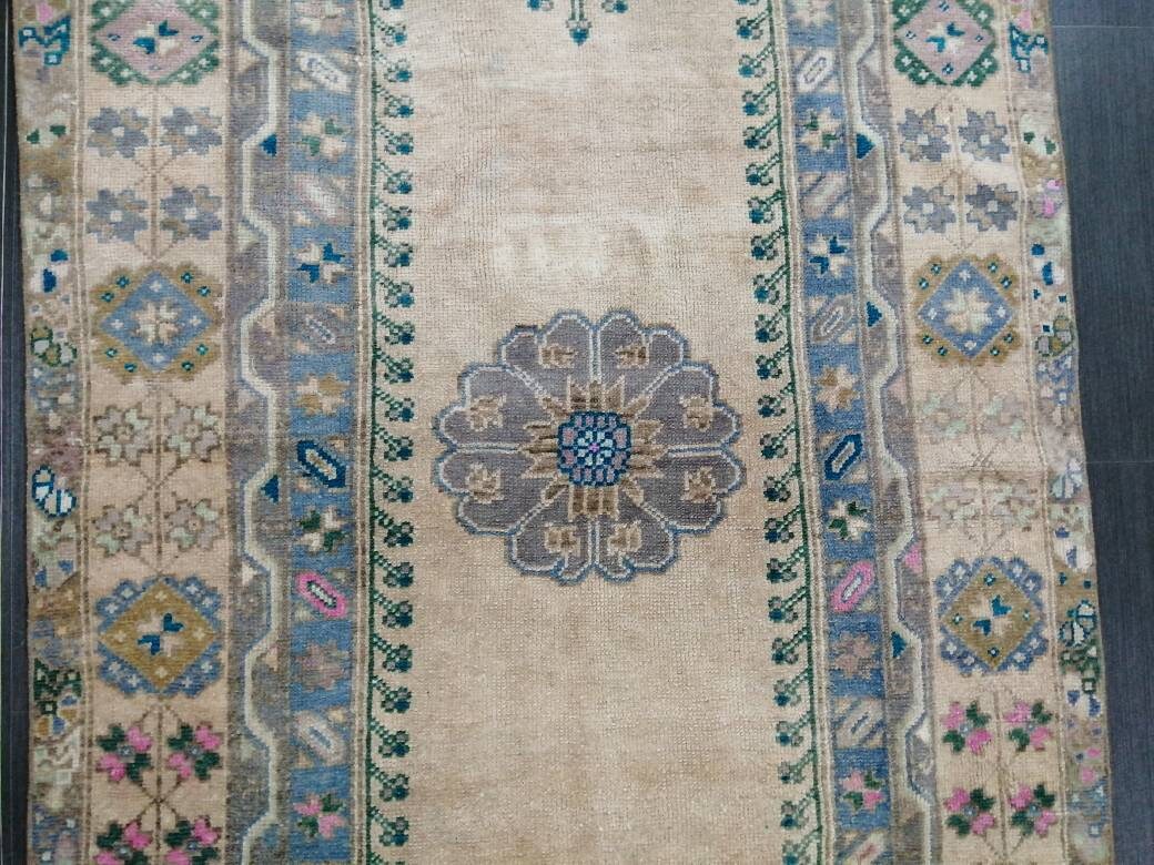 Beige Turkish Runner Rug 3' 8" x 7' 1" Hand-Knotted reverse