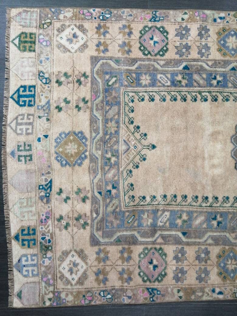 Beige Turkish Runner Rug 3' 8" x 7' 1" Hand-Knotted field
