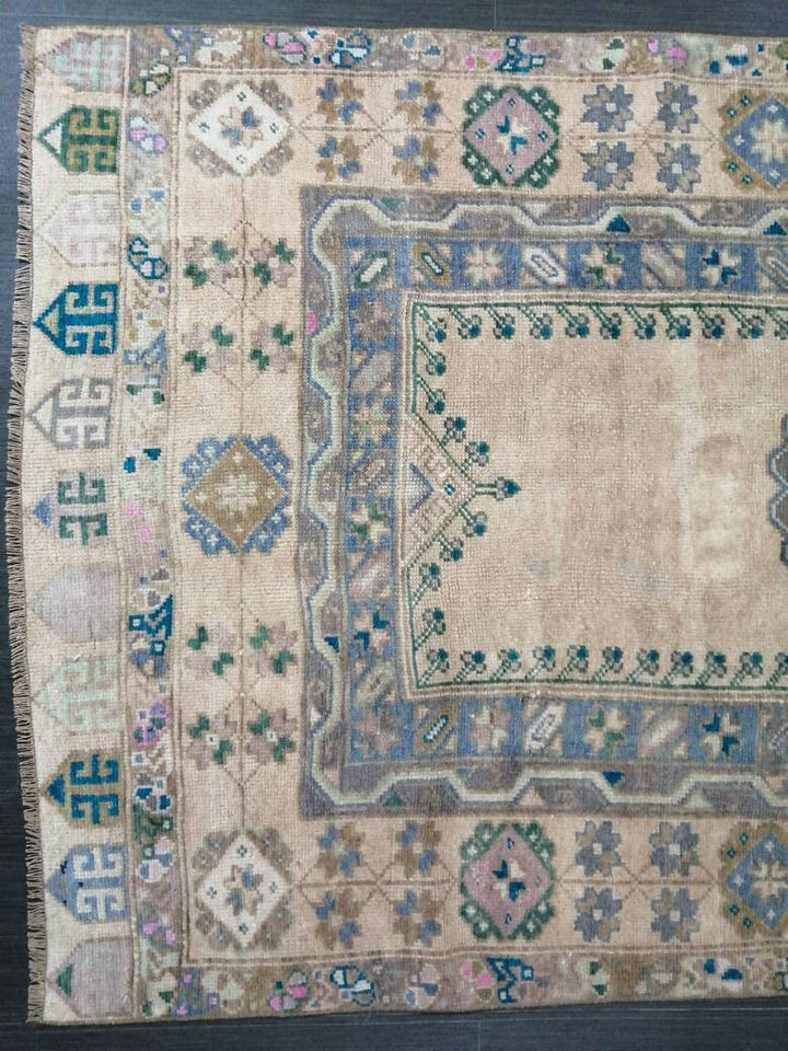 Beige Turkish Runner Rug 3' 8" x 7' 1" Hand-Knotted field