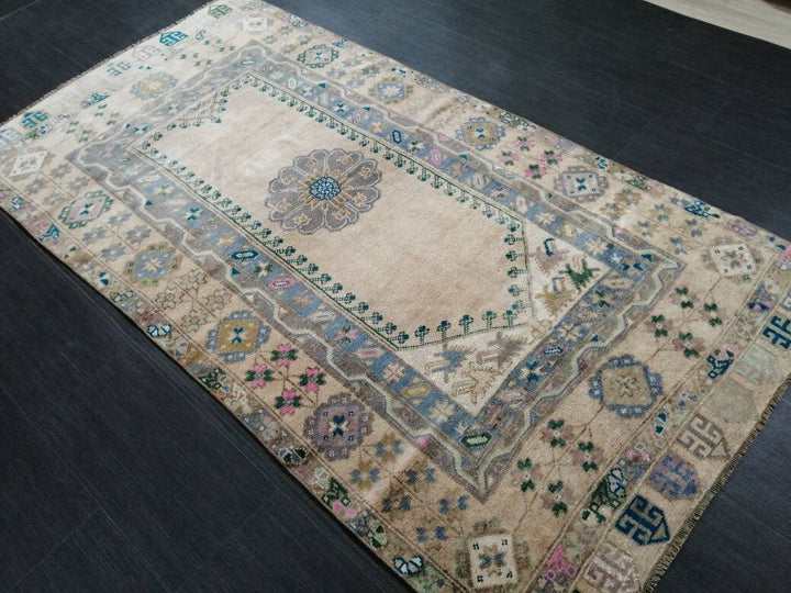Beige Turkish Runner Rug 3' 8" x 7' 1" Hand-Knotted
