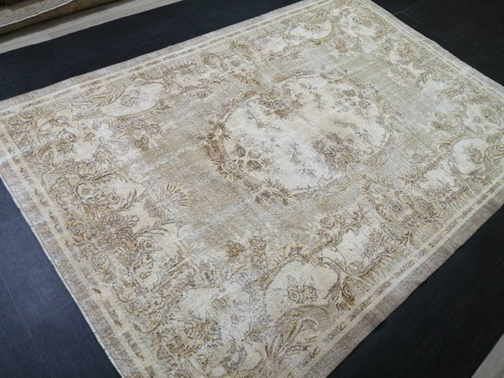Beige Turkish Oushak Rug 6' 10" x 9' 10" Hand-Knotted reverse