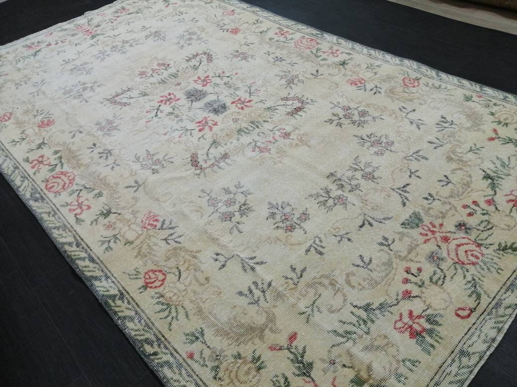 Beige Turkish Oushak Rug 5' 9" x 9' 11" Hand-Knotted