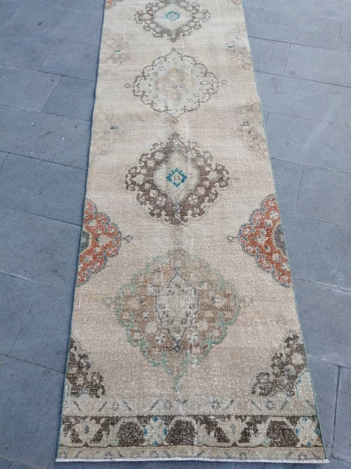 Beige Turkish Runner Rug 2' 11" x 20' 4" Hand-Knotted reverse