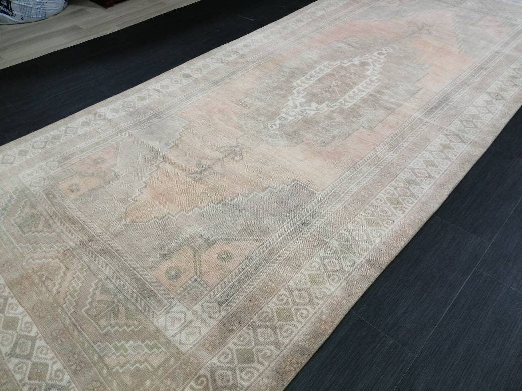 Beige Turkish Runner Rug 4' 11" x 11' 8" Hand-Knotted close-up