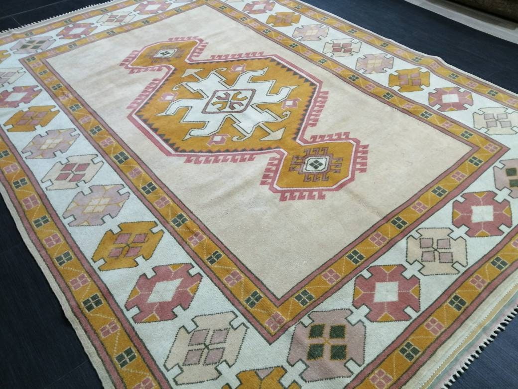 Beige Turkish Runner Rug 6' 6" x 8' 10" Hand-Knotted