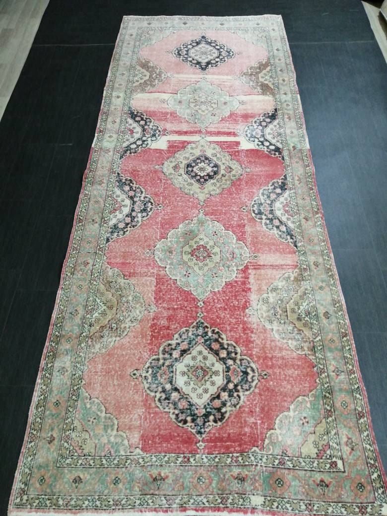 Pink Turkish Runner Rug 4' 9" x 12' 5" Hand-Knotted pattern