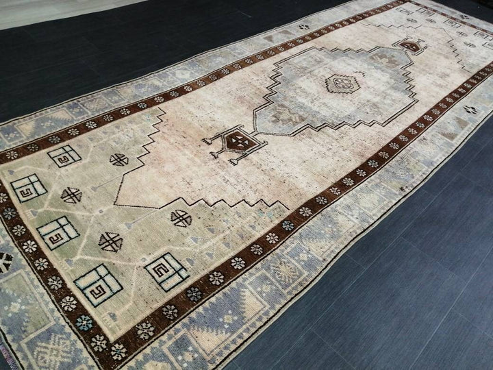 Beige Turkish Runner Rug 4' 2" x 11' 2" Hand-Knotted