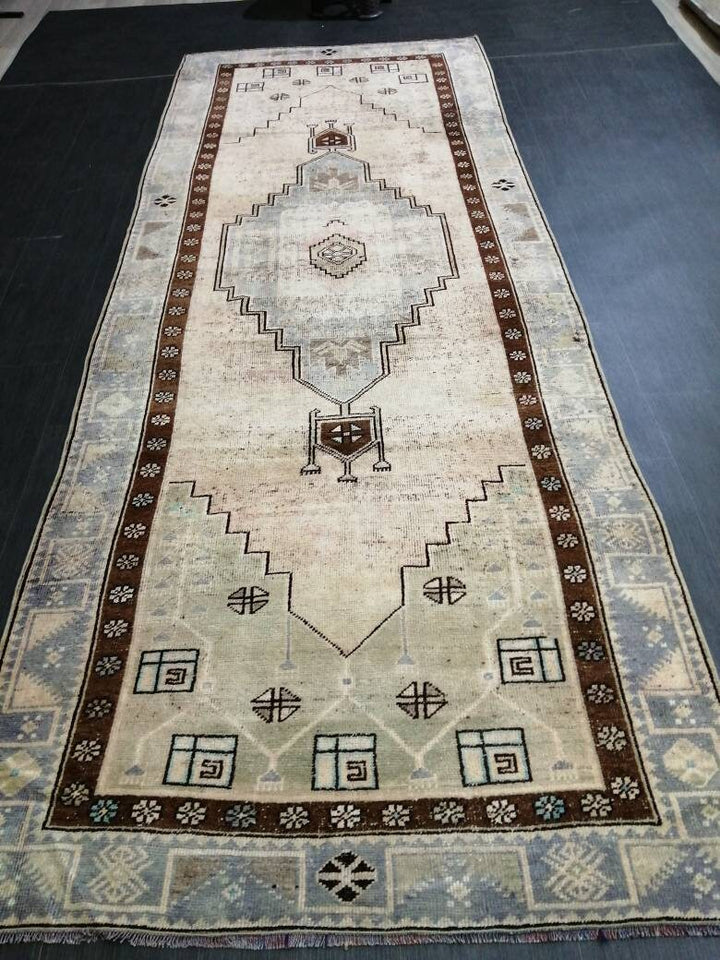 Beige Turkish Runner Rug 4' 2" x 11' 2" Hand-Knotted pattern