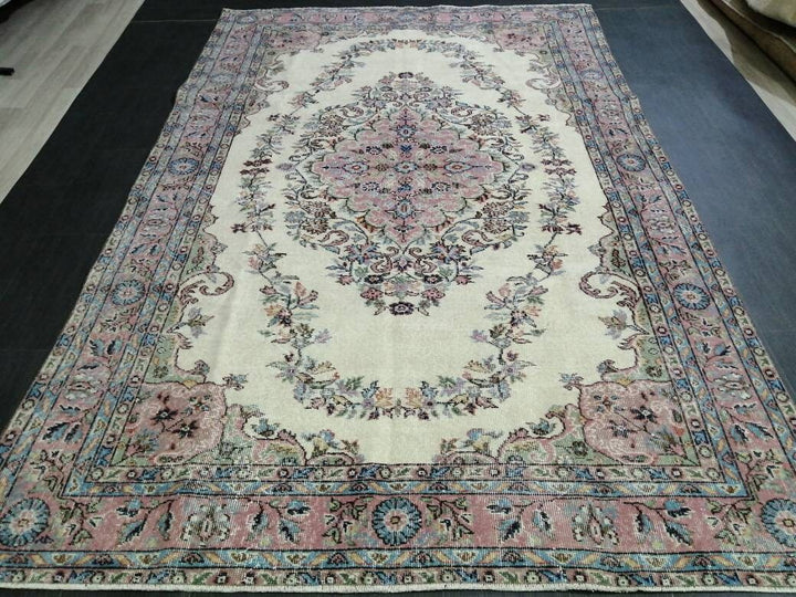 Pink Turkish Oushak Rug 6' 3" x 8' 9" Hand-Knotted close-up