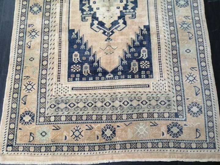 Navy Turkish Oushak Rug 5'6" x 9'4" Hand-Knotted close-up