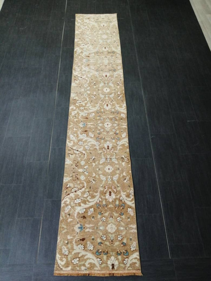 Tan Turkish Runner Rug 1' 11" x 10' 10" Hand-Knotted pattern