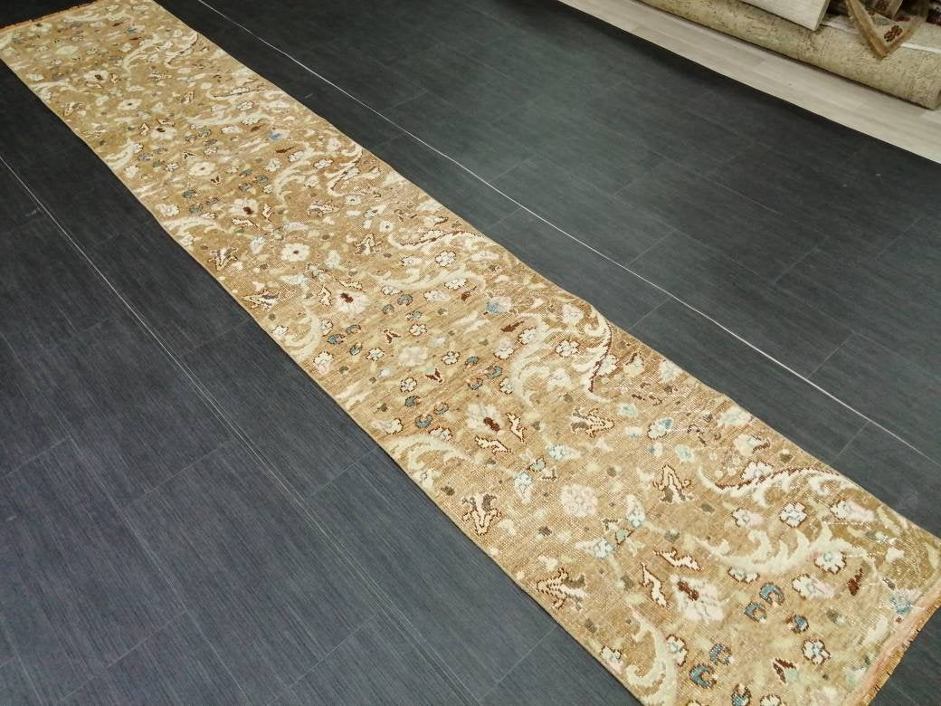 Tan Turkish Runner Rug 1' 11" x 10' 10" Hand-Knotted reverse