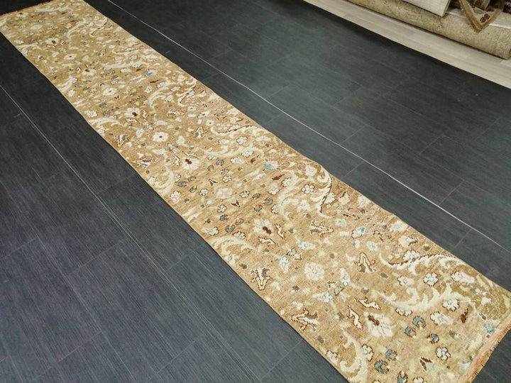 Tan Turkish Runner Rug 1' 11" x 10' 10" Hand-Knotted reverse
