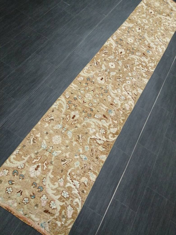 Tan Turkish Runner Rug 1' 11" x 10' 10" Hand-Knotted field